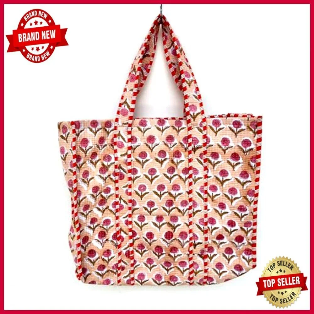 Large Reversible Quilted Cotton Tote Bag Hand Block Print Floral